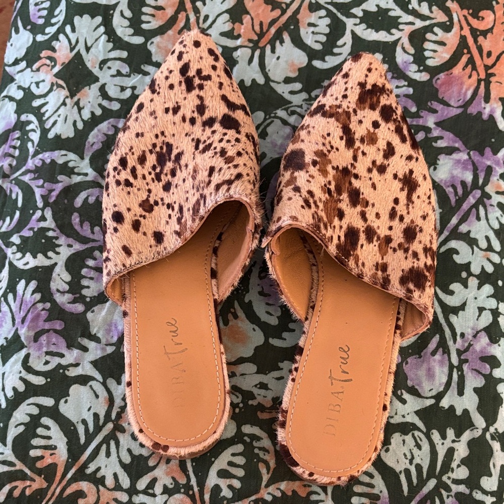Women's Tan and Brown calf hair mules by Diba true us7